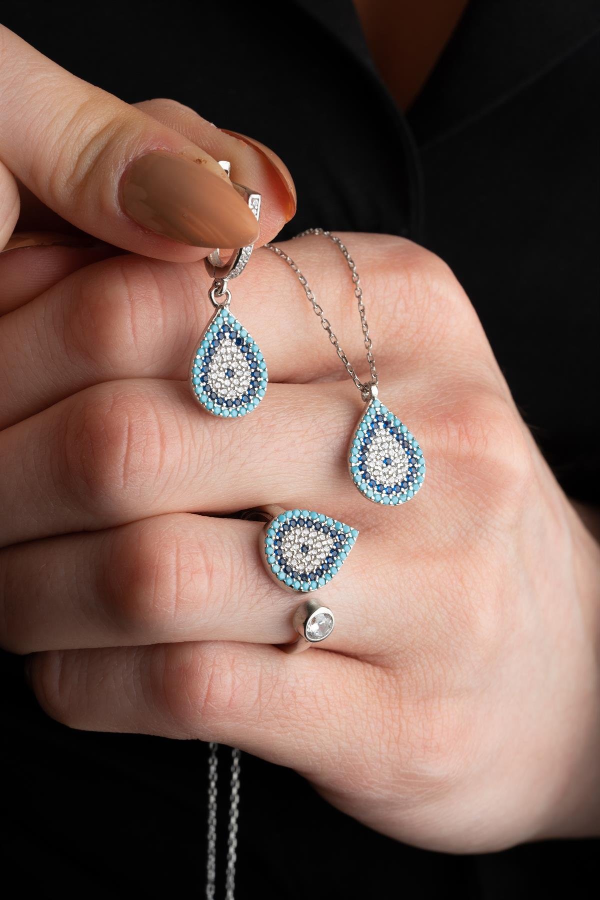 925 Ayar Gümüş Damla Nazar Model Küpe Yüzük Ve Kolye Set