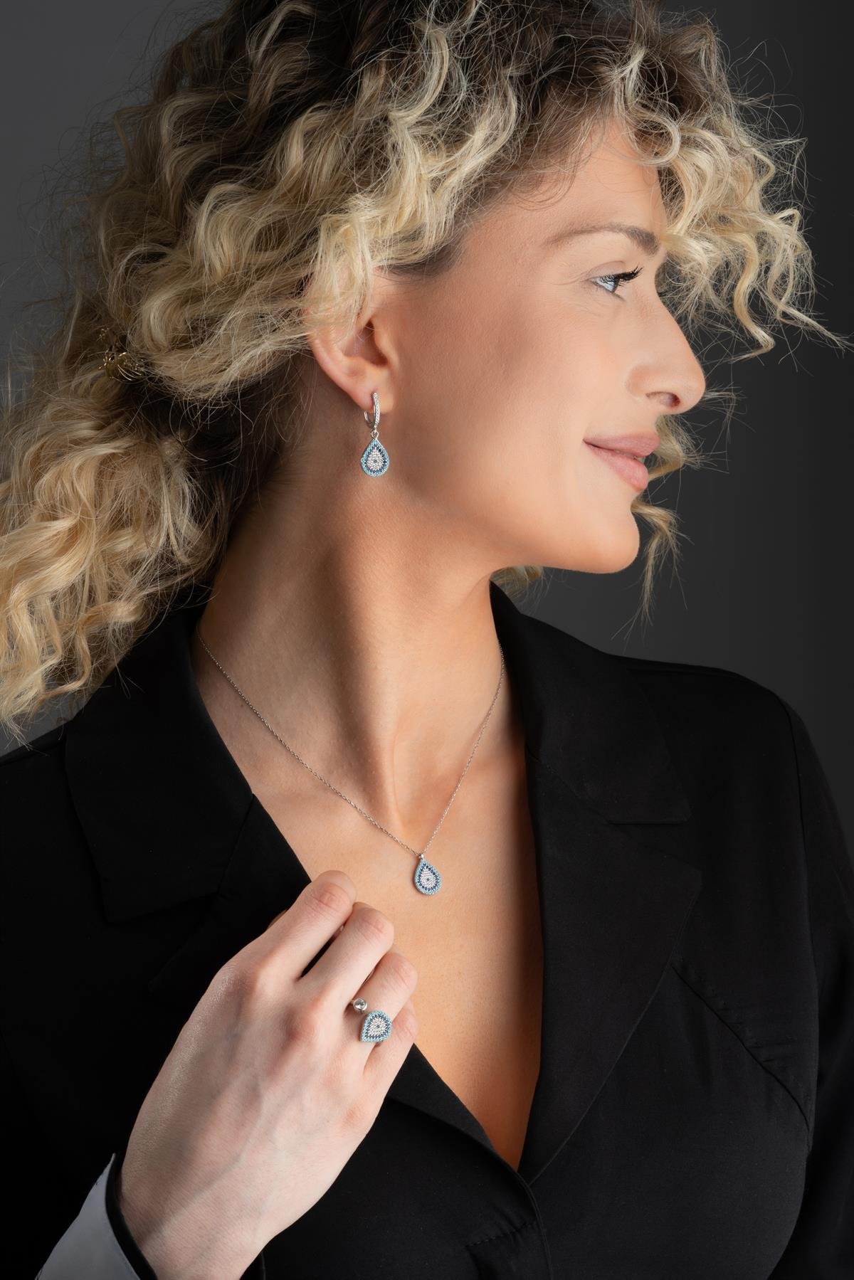 925 Ayar Gümüş Damla Nazar Model Küpe Yüzük Ve Kolye Set