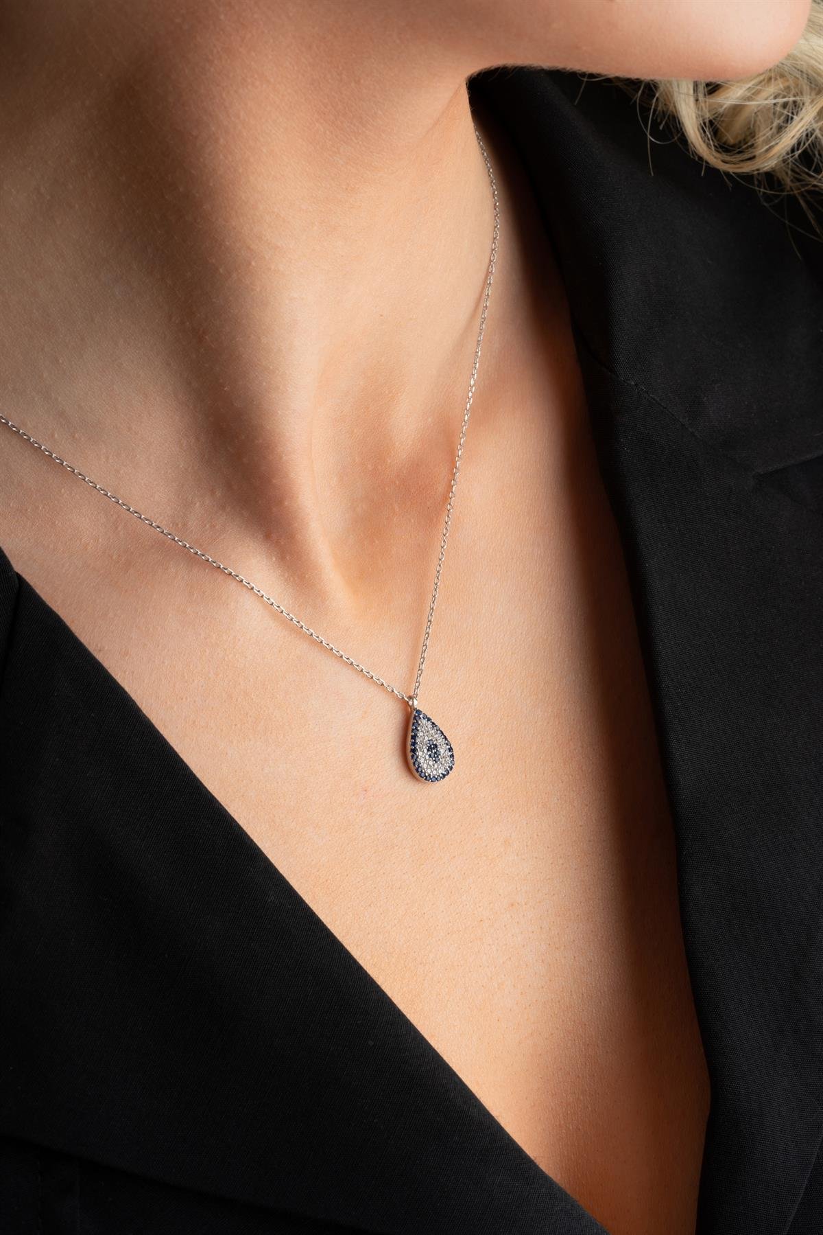 925 Ayar Gümüş Damla Nazar Tasarım Kolye