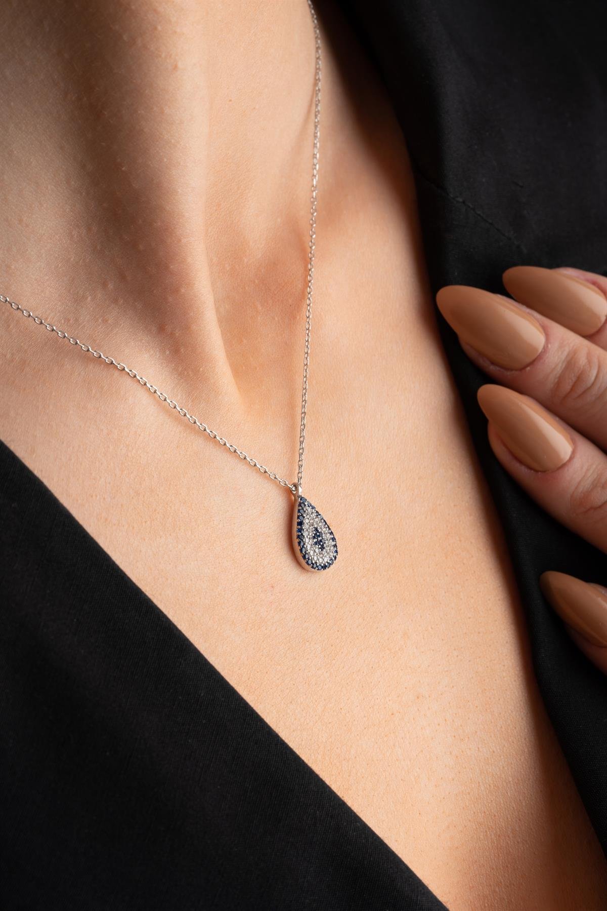 925 Ayar Gümüş Damla Nazar Tasarım Kolye