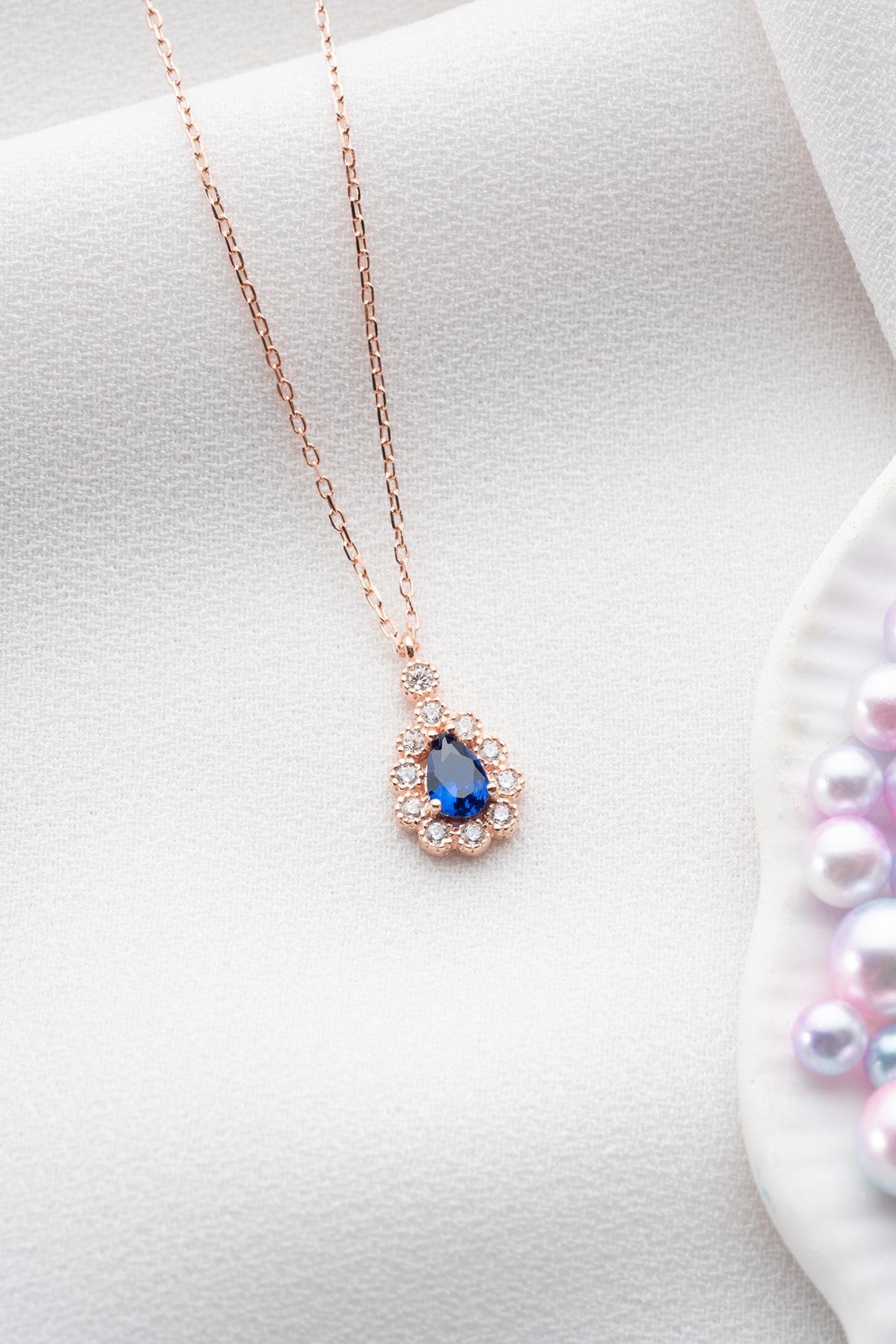 925 Ayar Gümüş Elmas Montür Damla Mavi Zirkon Taşlı Kolye