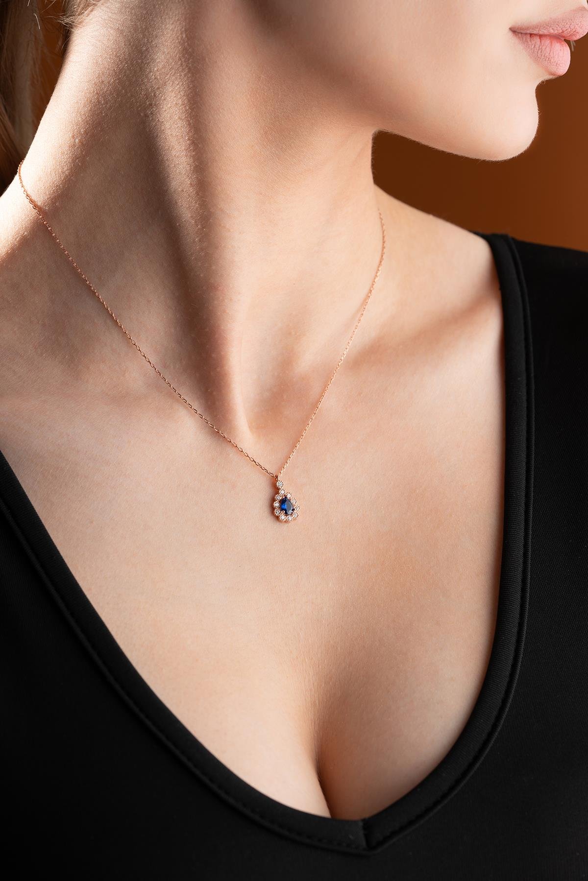 925 Ayar Gümüş Elmas Montür Damla Mavi Zirkon Taşlı Kolye