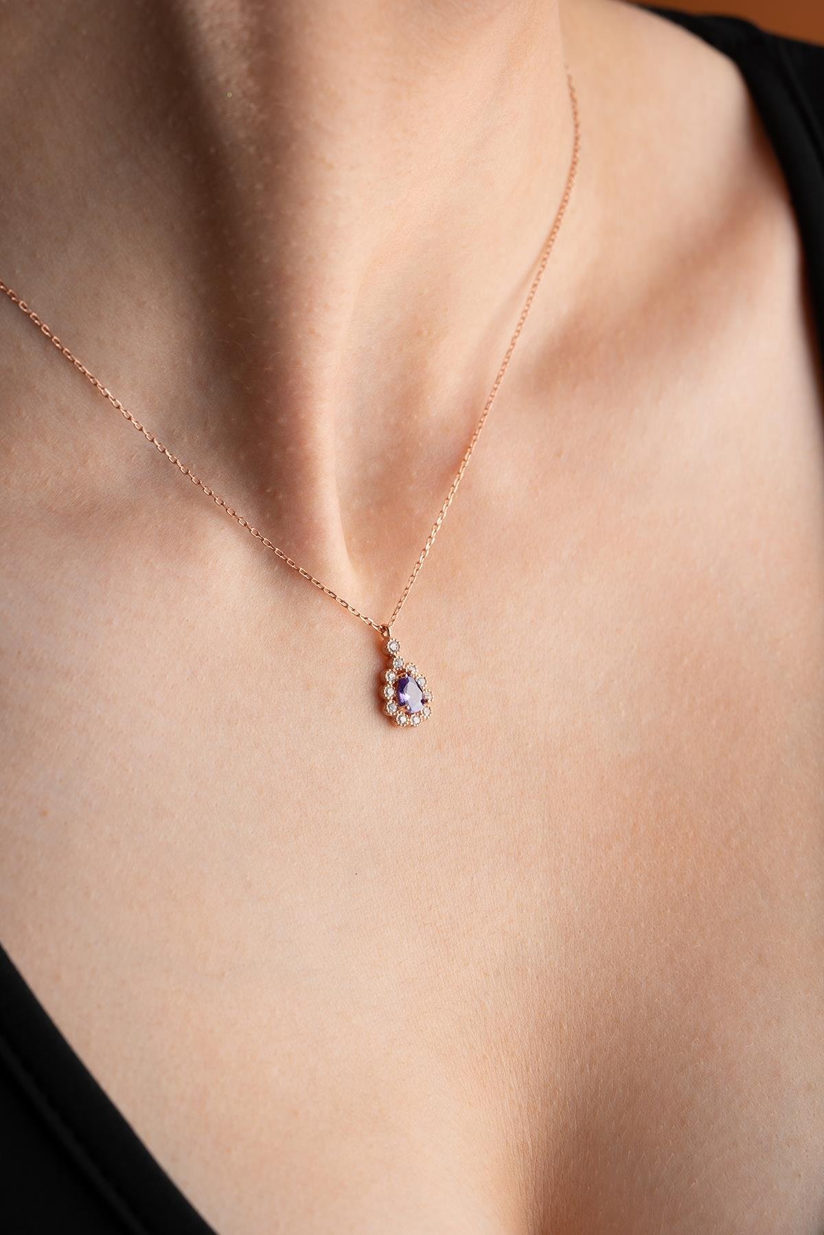 925 Ayar Gümüş Elmas Montür Damla Mor Zirkon Taşlı Kolye