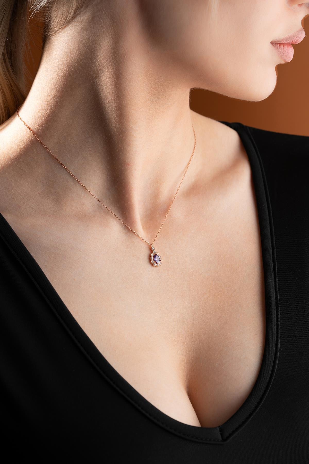 925 Ayar Gümüş Elmas Montür Damla Mor Zirkon Taşlı Kolye