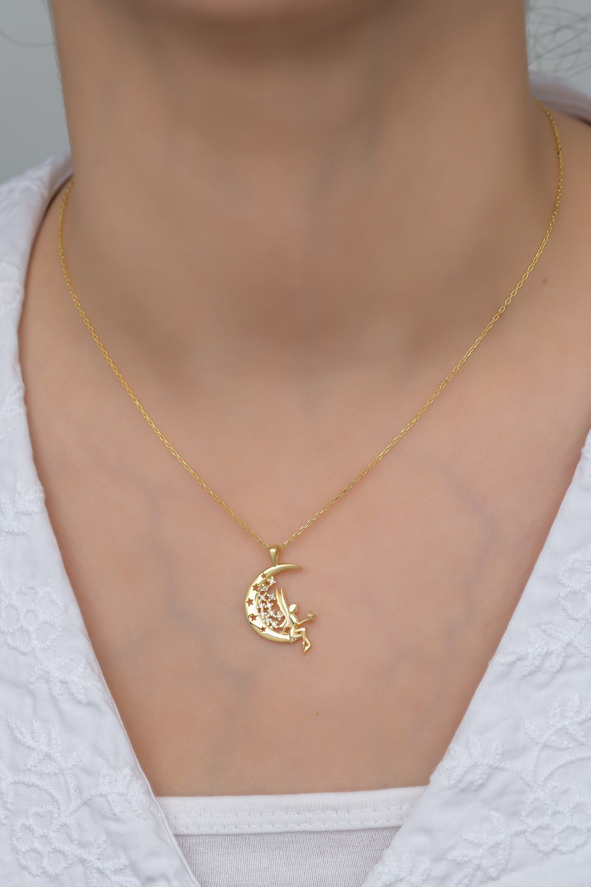 925 Ayar Gümüş Gold Ay Üstünde Peri Kolye