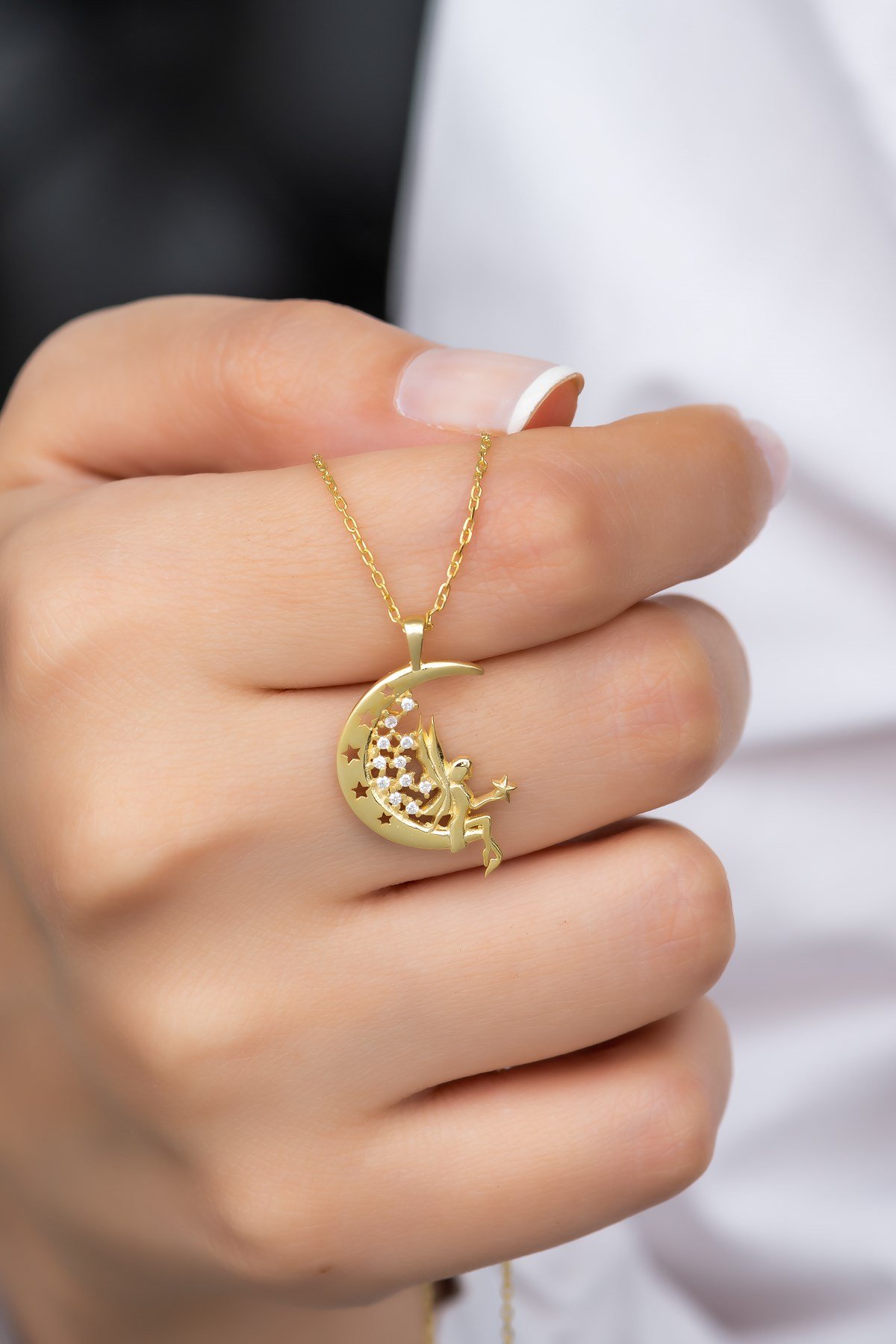925 Ayar Gümüş Gold Ay Üstünde Peri Kolye