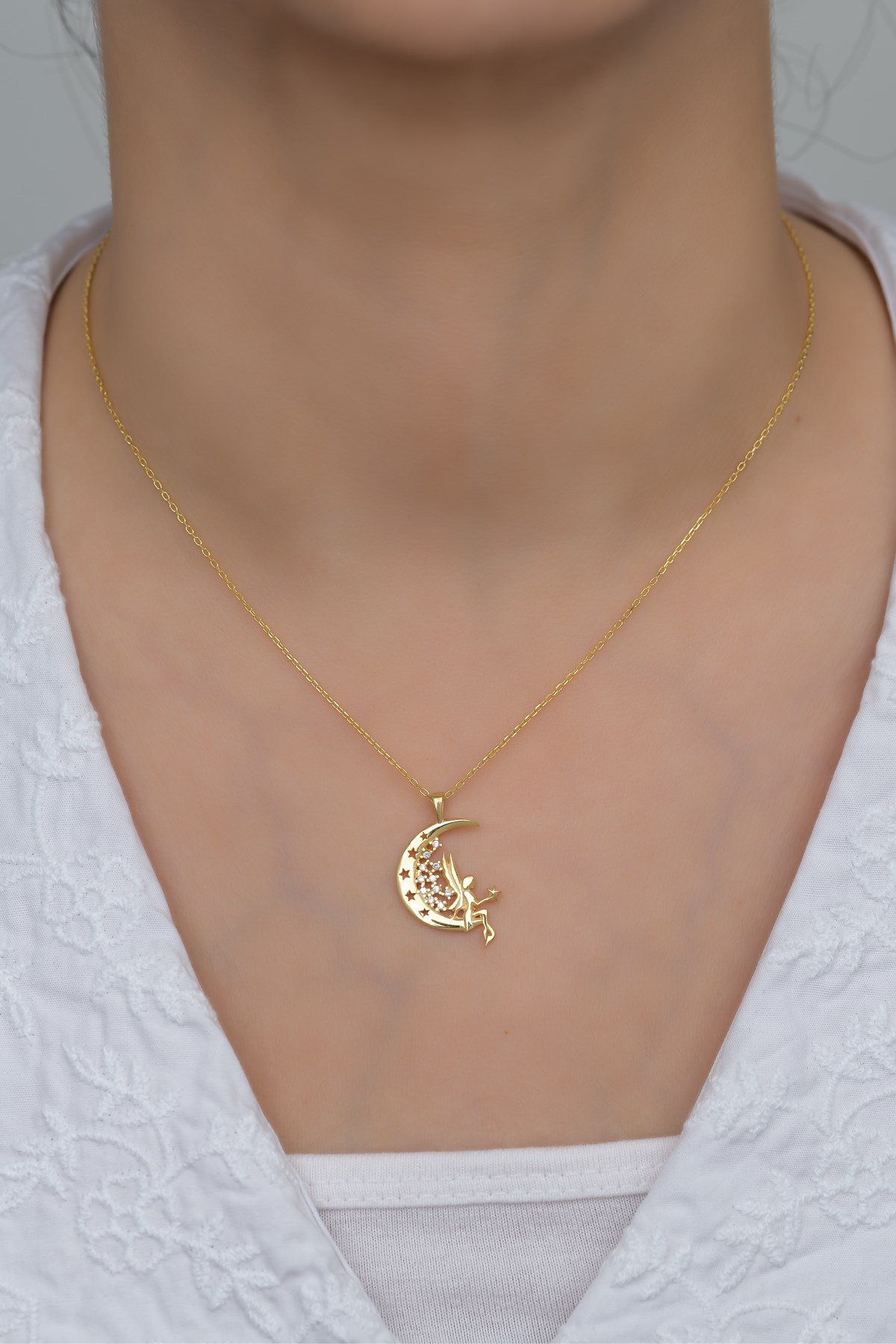 925 Ayar Gümüş Gold Ay Üstünde Peri Kolye