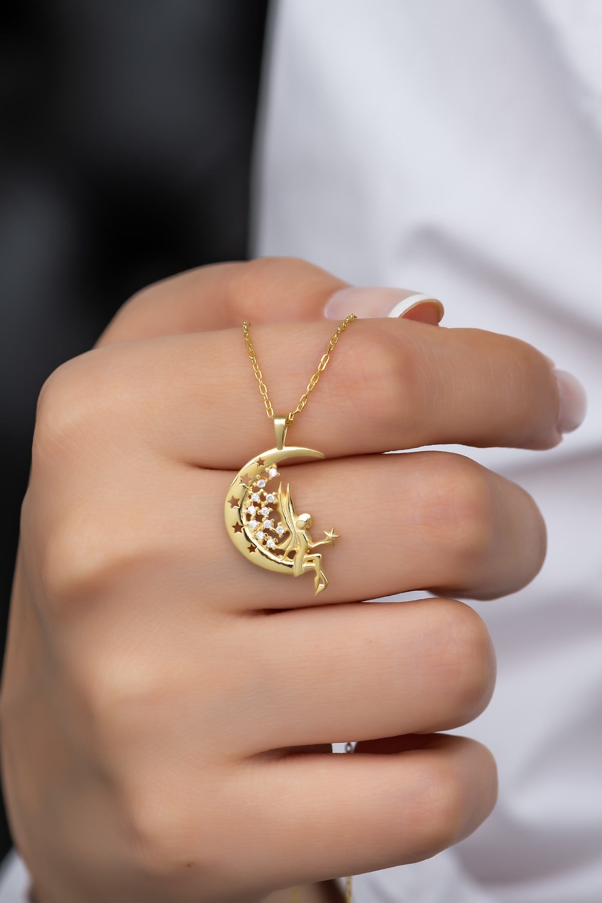 925 Ayar Gümüş Gold Ay Üstünde Peri Kolye