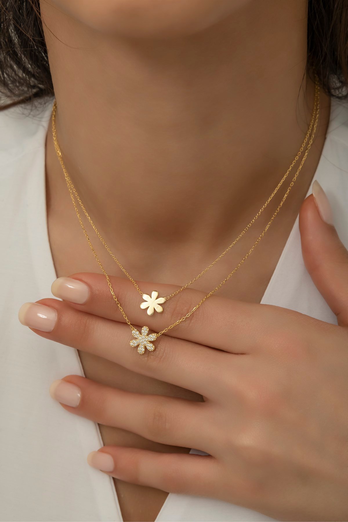 925 Ayar Gümüş Gold Çift Kır Çiçeği Kolye