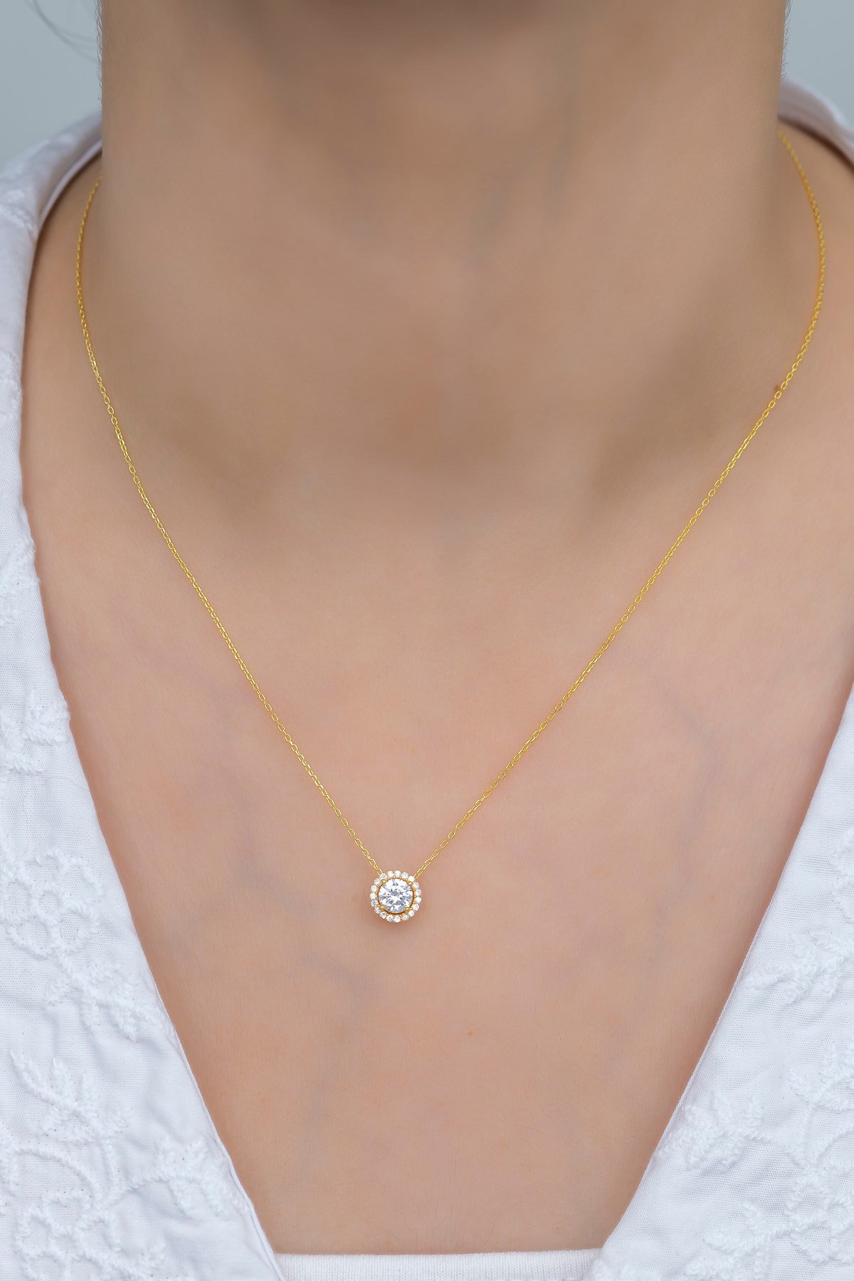 925 Ayar Gümüş Gold Elmas Montür Tektaş Kolye