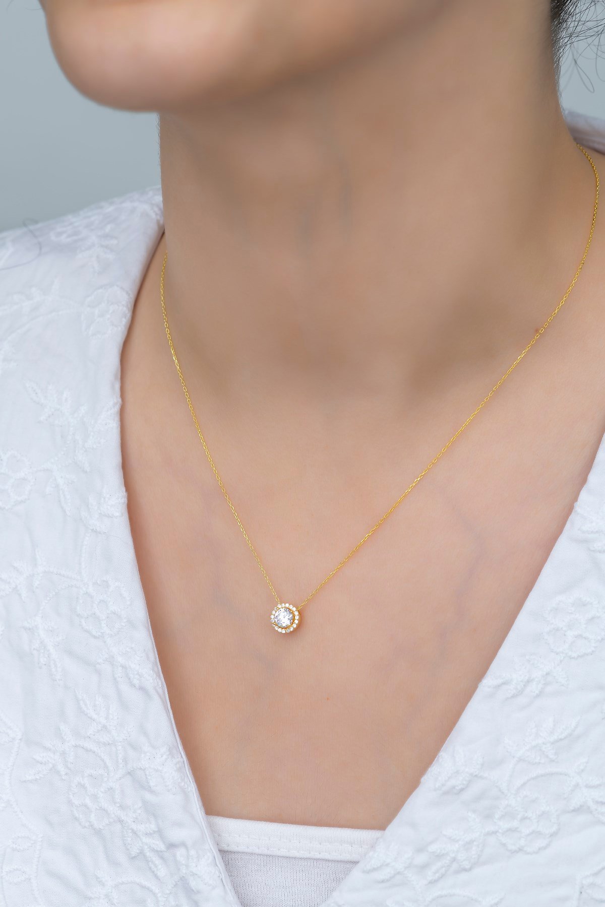 925 Ayar Gümüş Gold Elmas Montür Tektaş Kolye