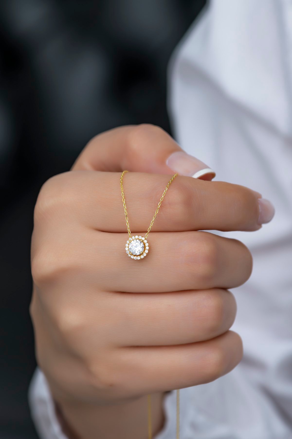 925 Ayar Gümüş Gold Elmas Montür Tektaş Kolye