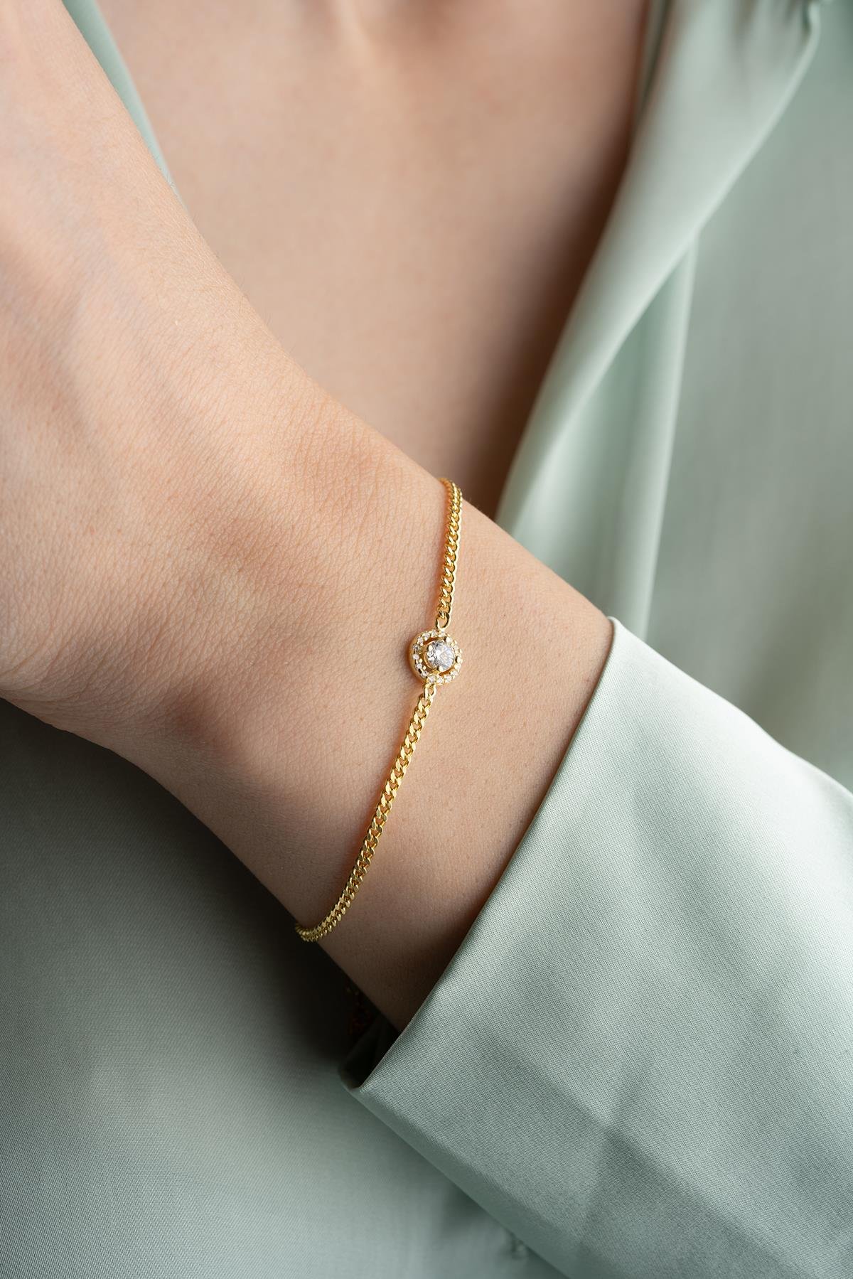 925 Ayar Gümüş Gold Gurmet Zincirli Elmas Montür Tektaş Bileklik