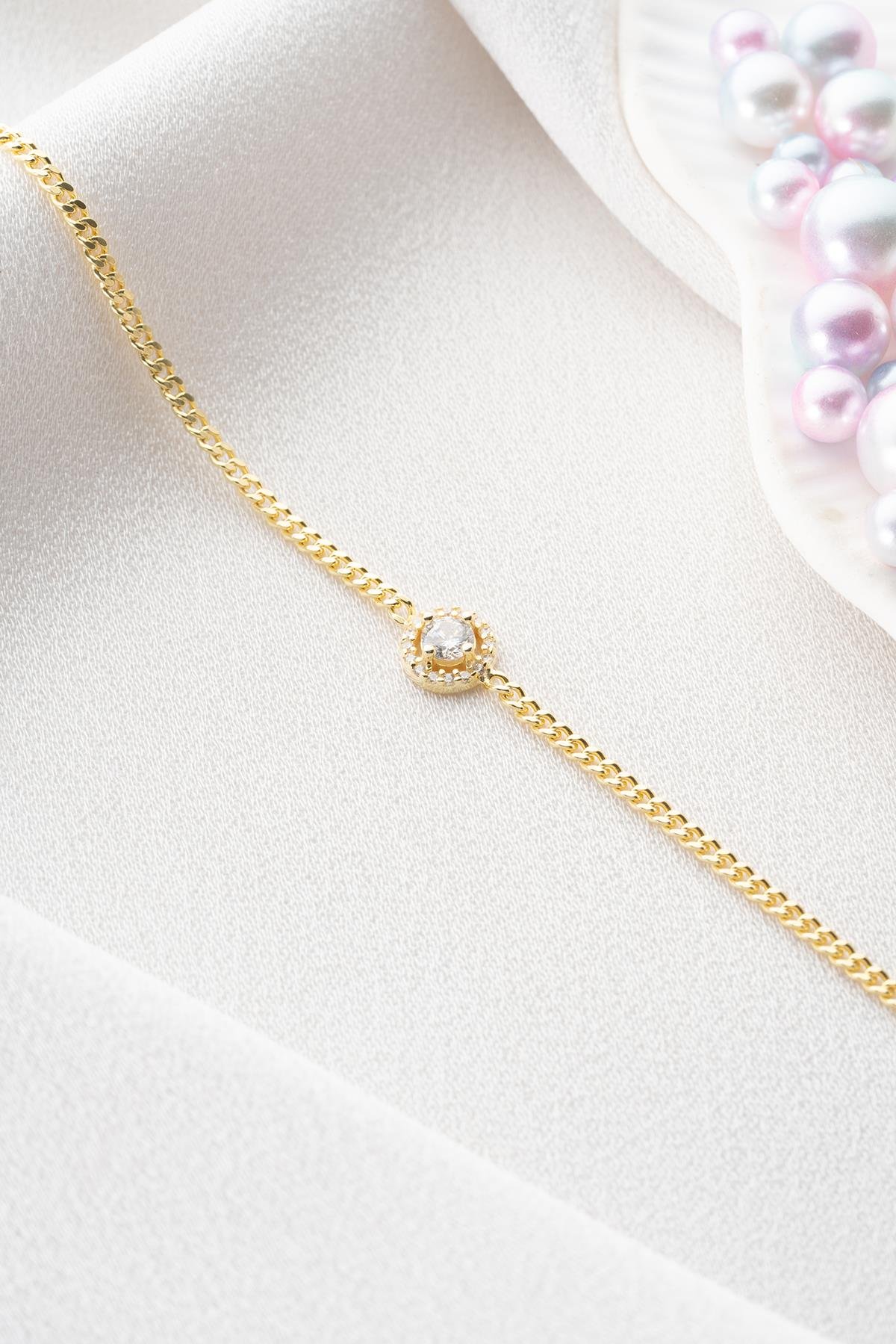 925 Ayar Gümüş Gold Gurmet Zincirli Elmas Montür Tektaş Bileklik