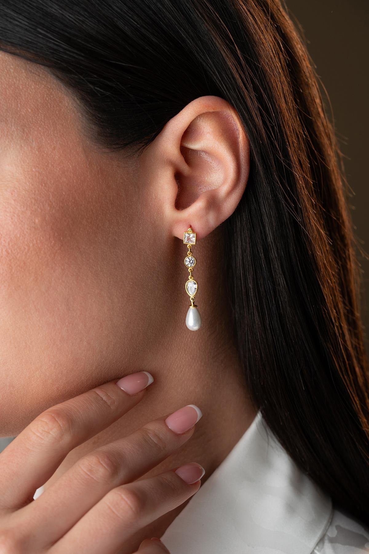 925 Ayar Gümüş Gold İnci Detaylı Sallantılı 3 Element Küpe