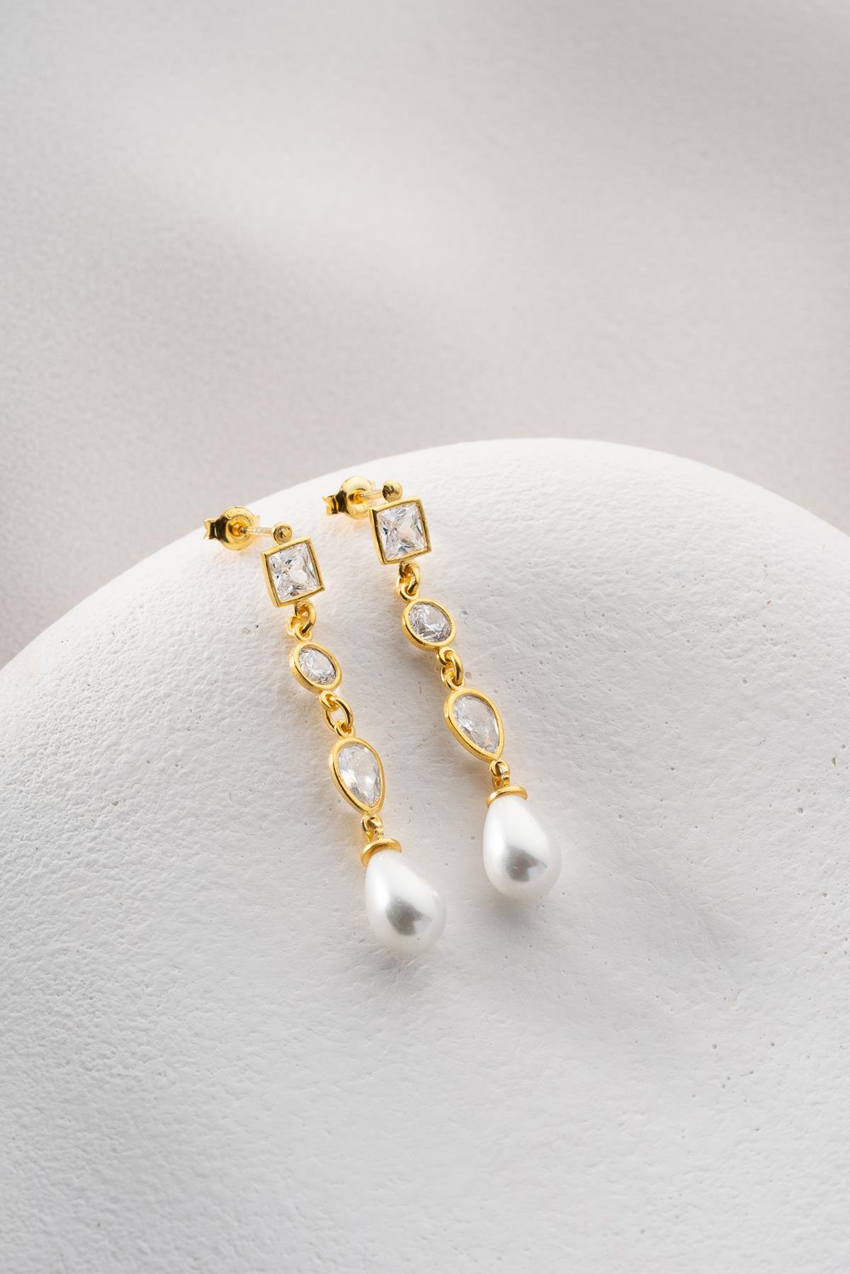 925 Ayar Gümüş Gold İnci Detaylı Sallantılı 3 Element Küpe