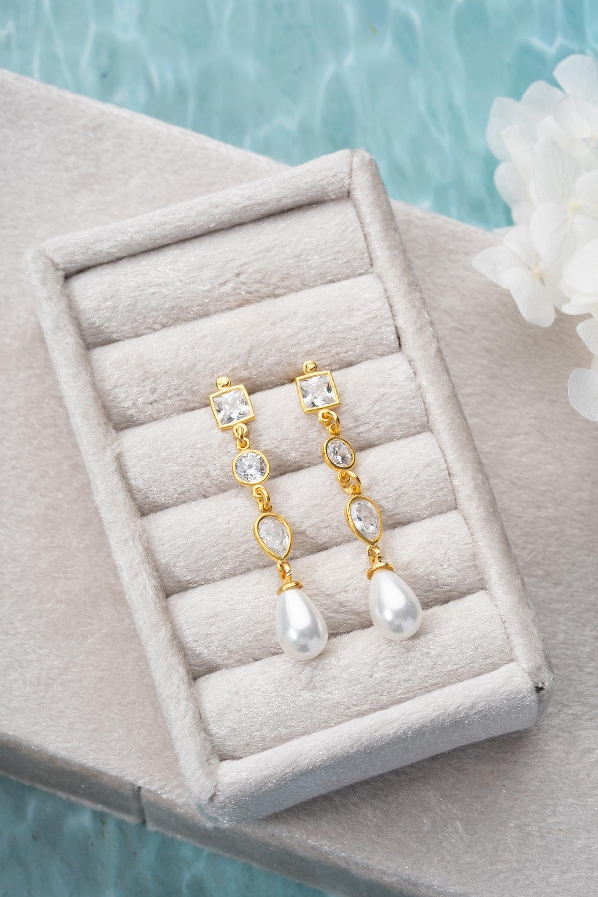 925 Ayar Gümüş Gold İnci Detaylı Sallantılı 3 Element Küpe