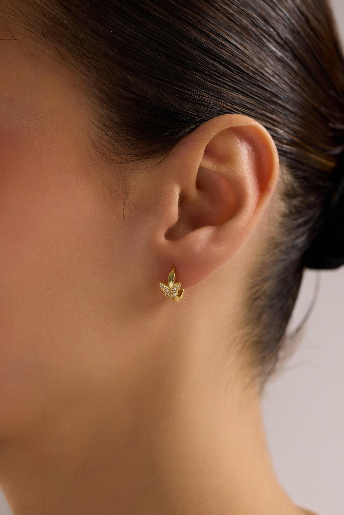 925 Ayar Gümüş Gold Kaplama 10 mm Halka Kelebek Küpe