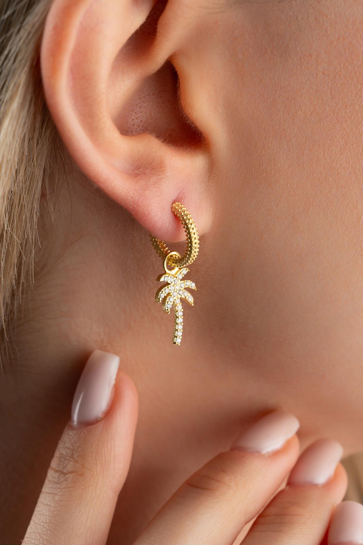 925 Ayar Gümüş Gold Kaplama 10 mm Sallantılı Palmiye Küpe