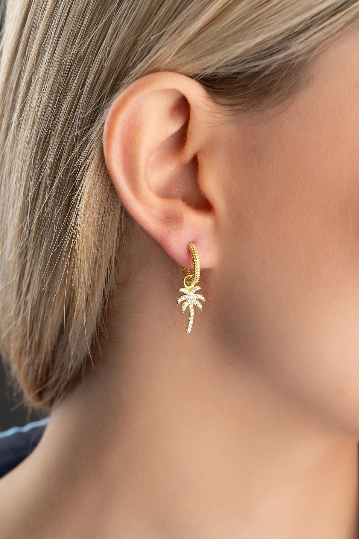 925 Ayar Gümüş Gold Kaplama 10 mm Sallantılı Palmiye Küpe