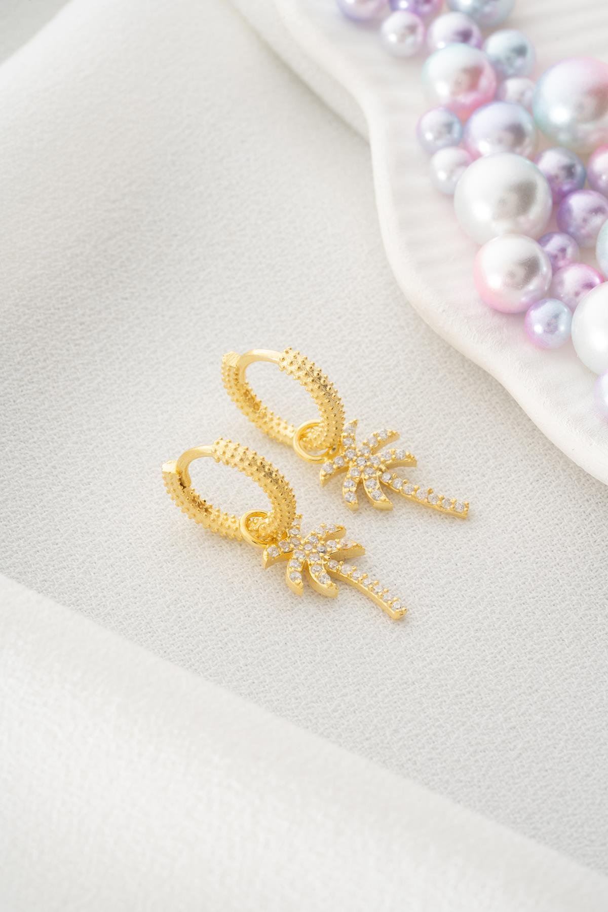 925 Ayar Gümüş Gold Kaplama 10 mm Sallantılı Palmiye Küpe