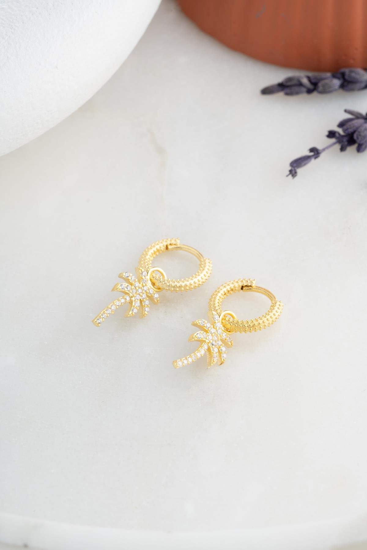 925 Ayar Gümüş Gold Kaplama 10 mm Sallantılı Palmiye Küpe