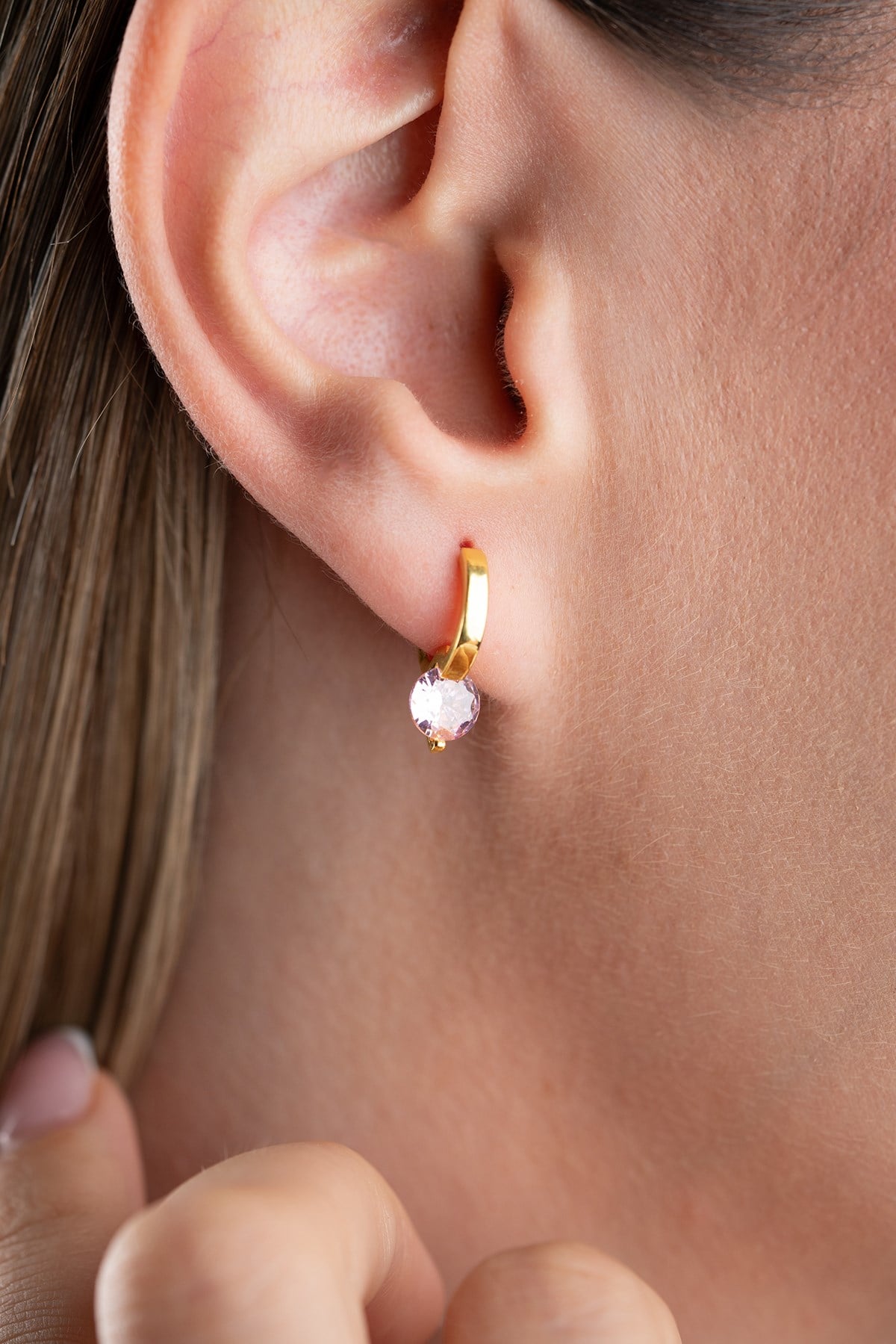 925 Ayar Gümüş Gold Kaplama 12 mm Pembe Taşlı Halka Küpe