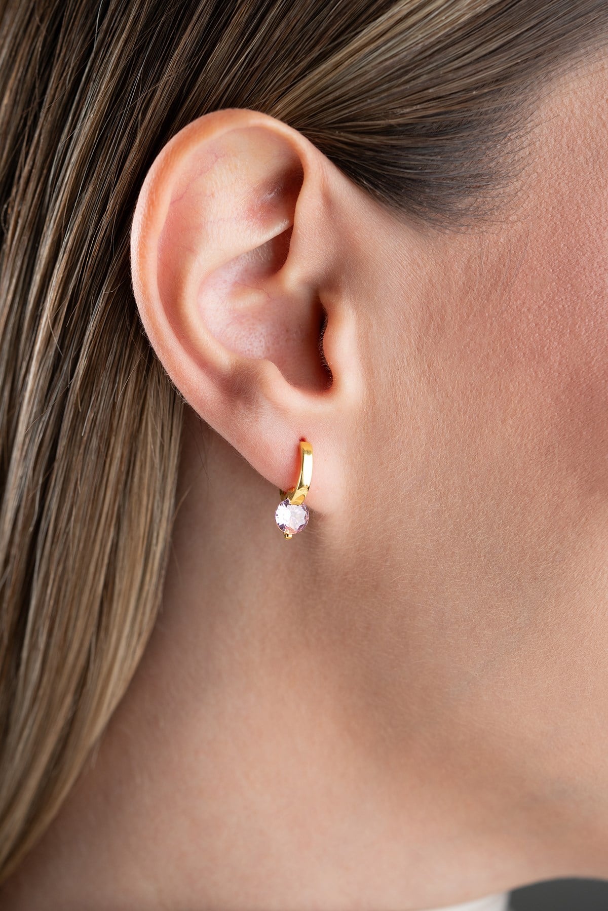 925 Ayar Gümüş Gold Kaplama 12 mm Pembe Taşlı Halka Küpe