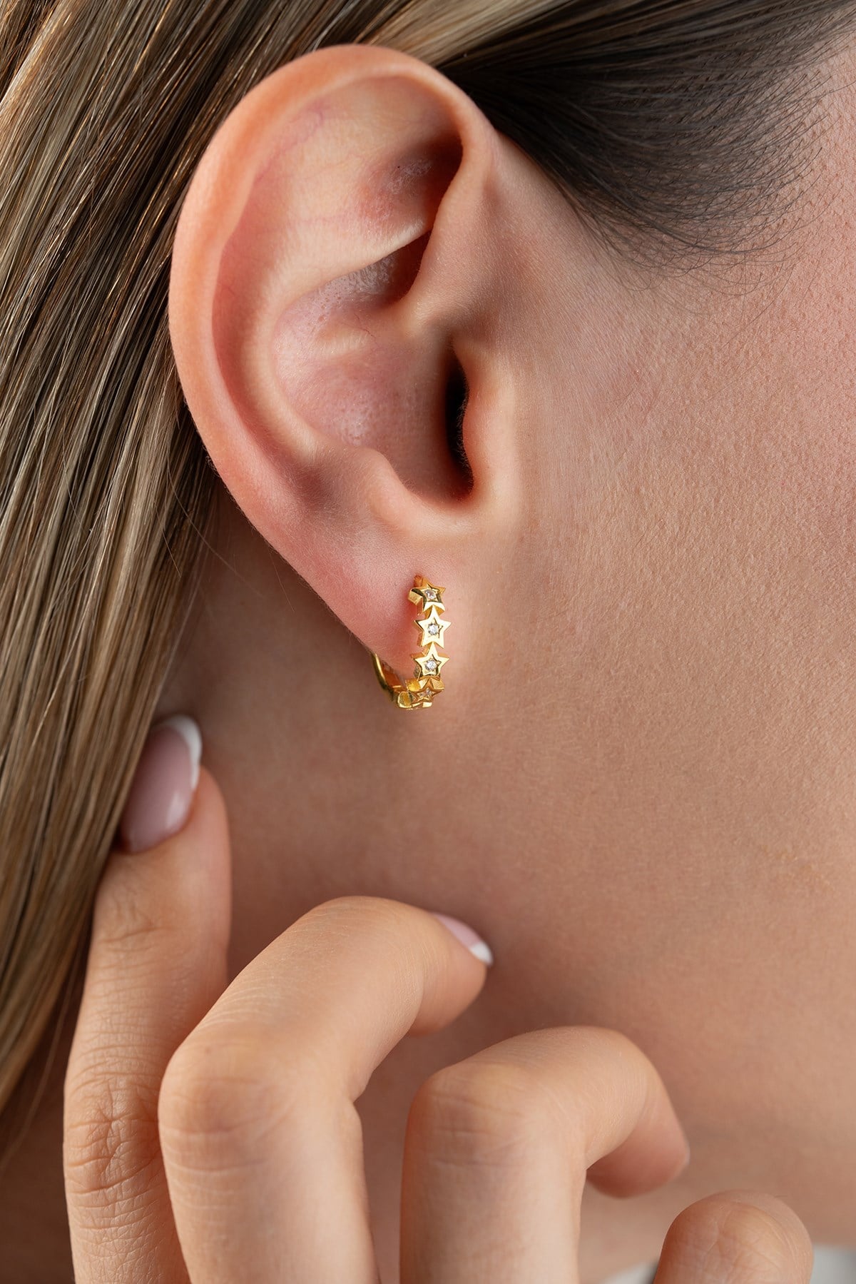 925 Ayar Gümüş Gold Kaplama 15 mm Yıldız Çemberi Küpe