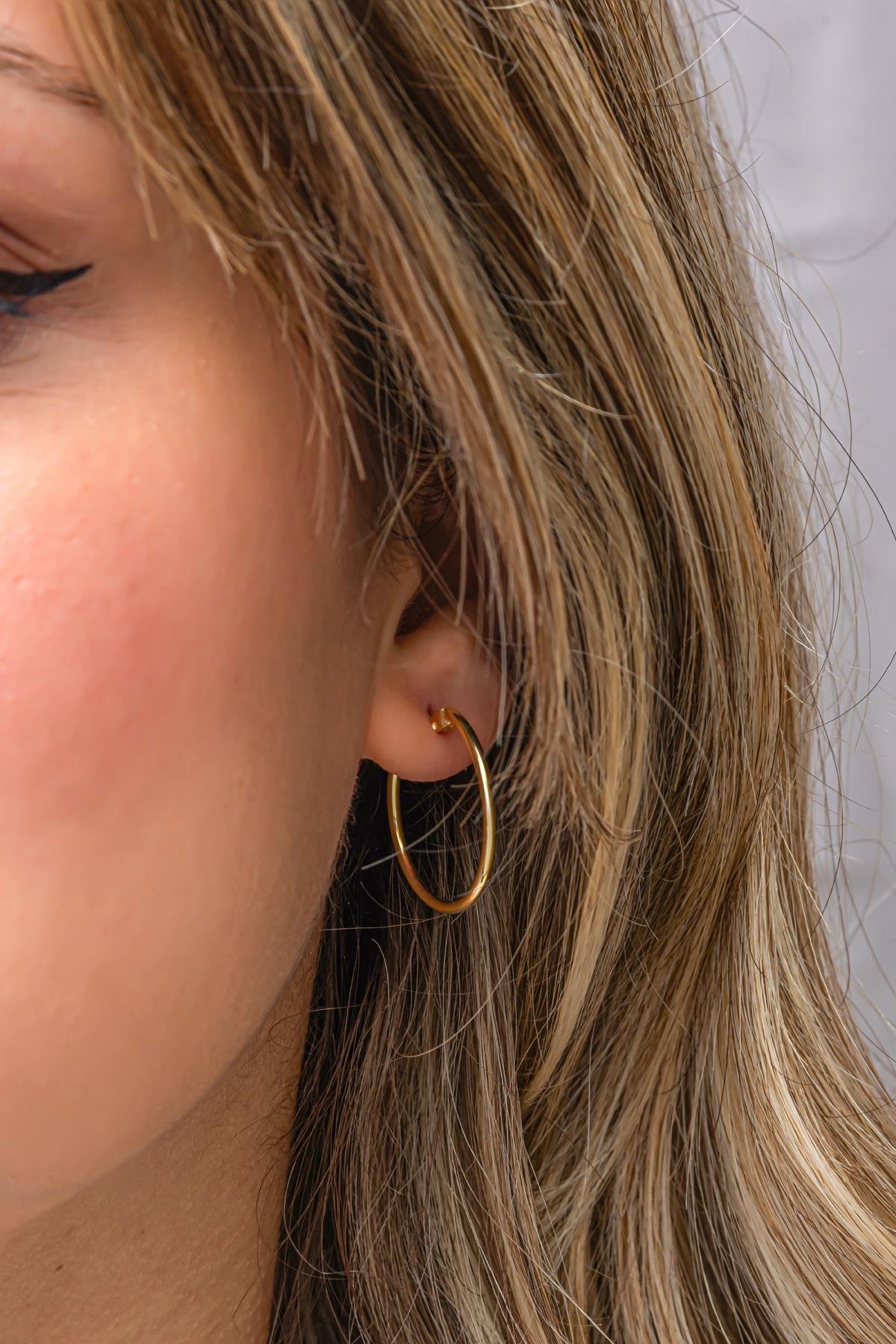 925 Ayar Gümüş Gold Kaplama 25 mm Sade Halka Küpe