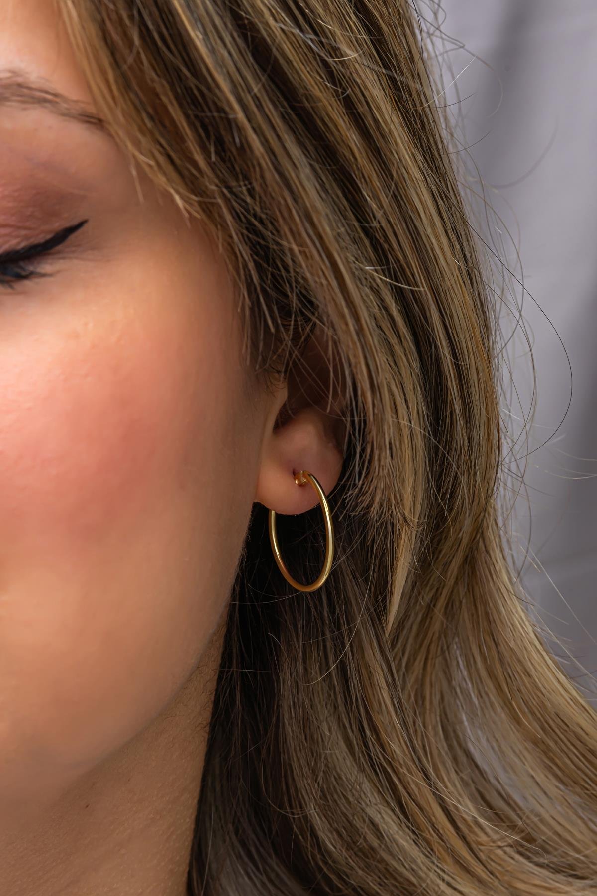 925 Ayar Gümüş Gold Kaplama 25 mm Sade Halka Küpe