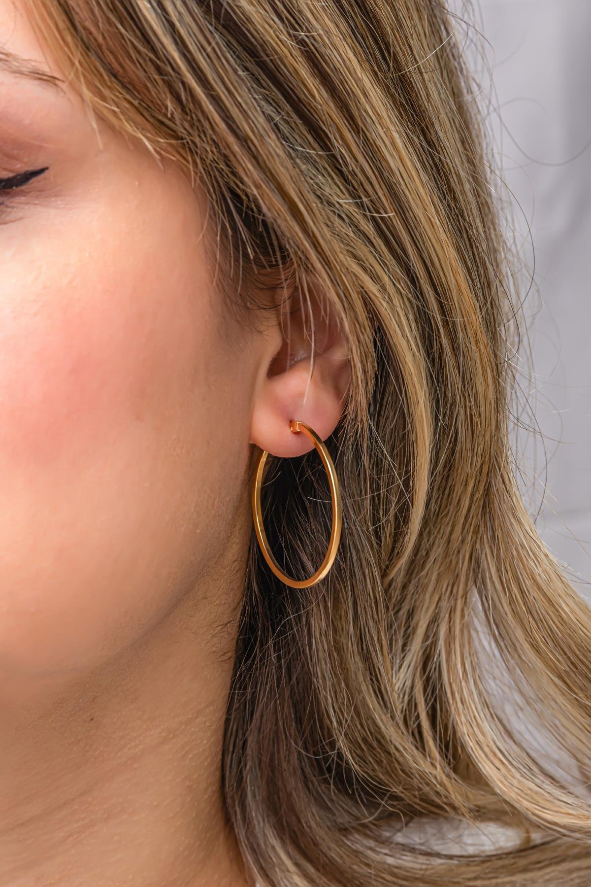 925 Ayar Gümüş Gold Kaplama 30 mm Sade Halka Küpe