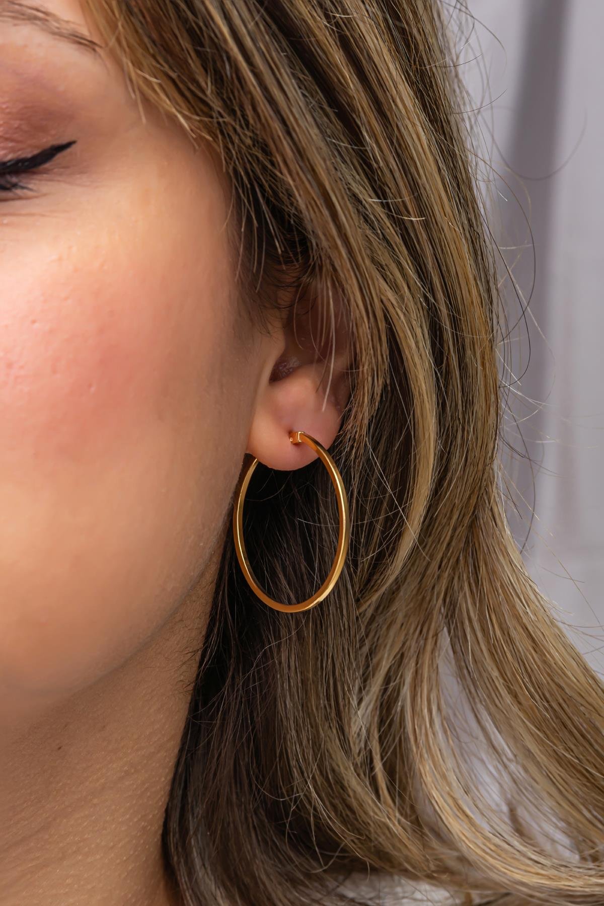 925 Ayar Gümüş Gold Kaplama 30 mm Sade Halka Küpe