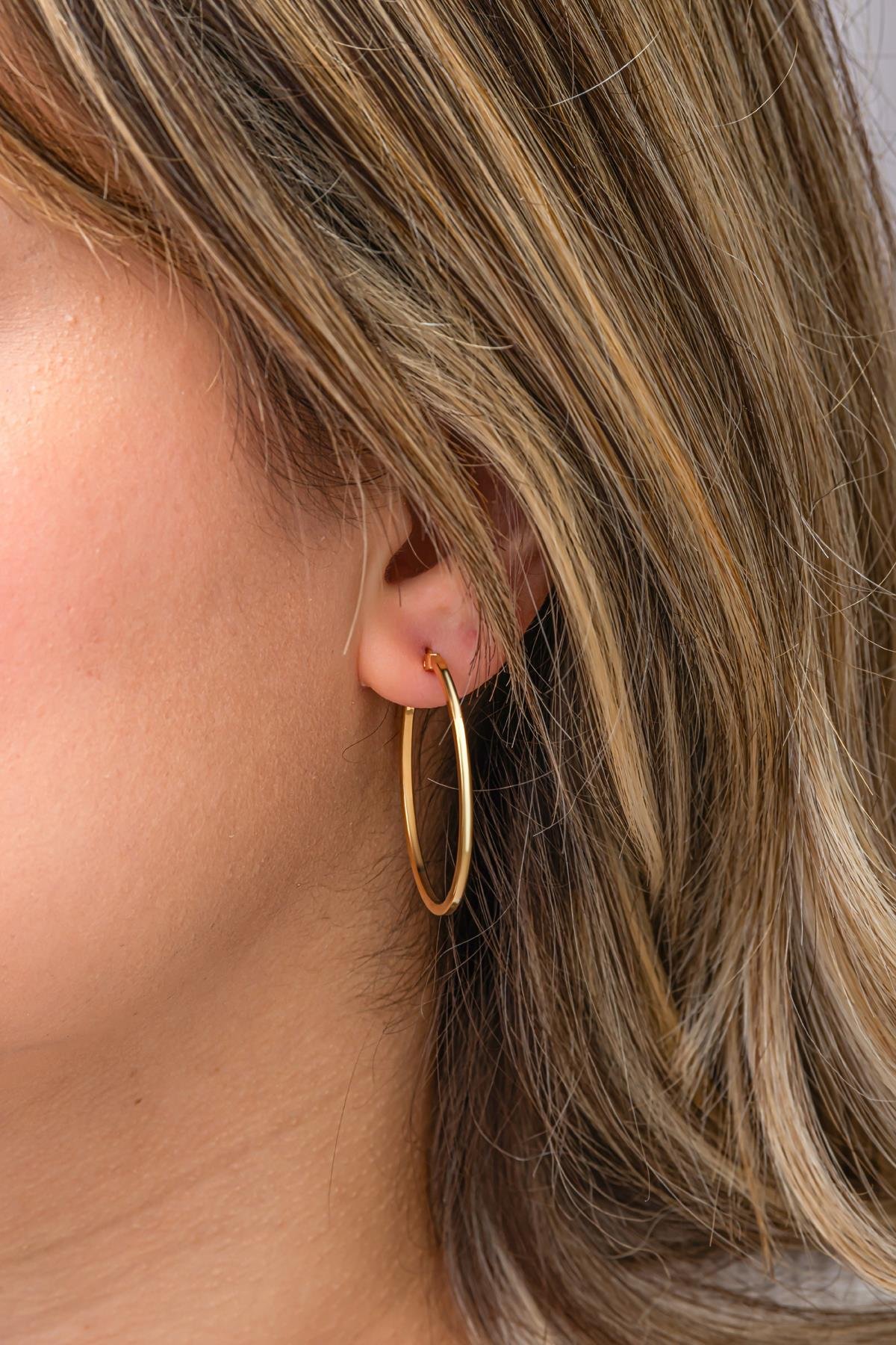 925 Ayar Gümüş Gold Kaplama 30 mm Sade Halka Küpe