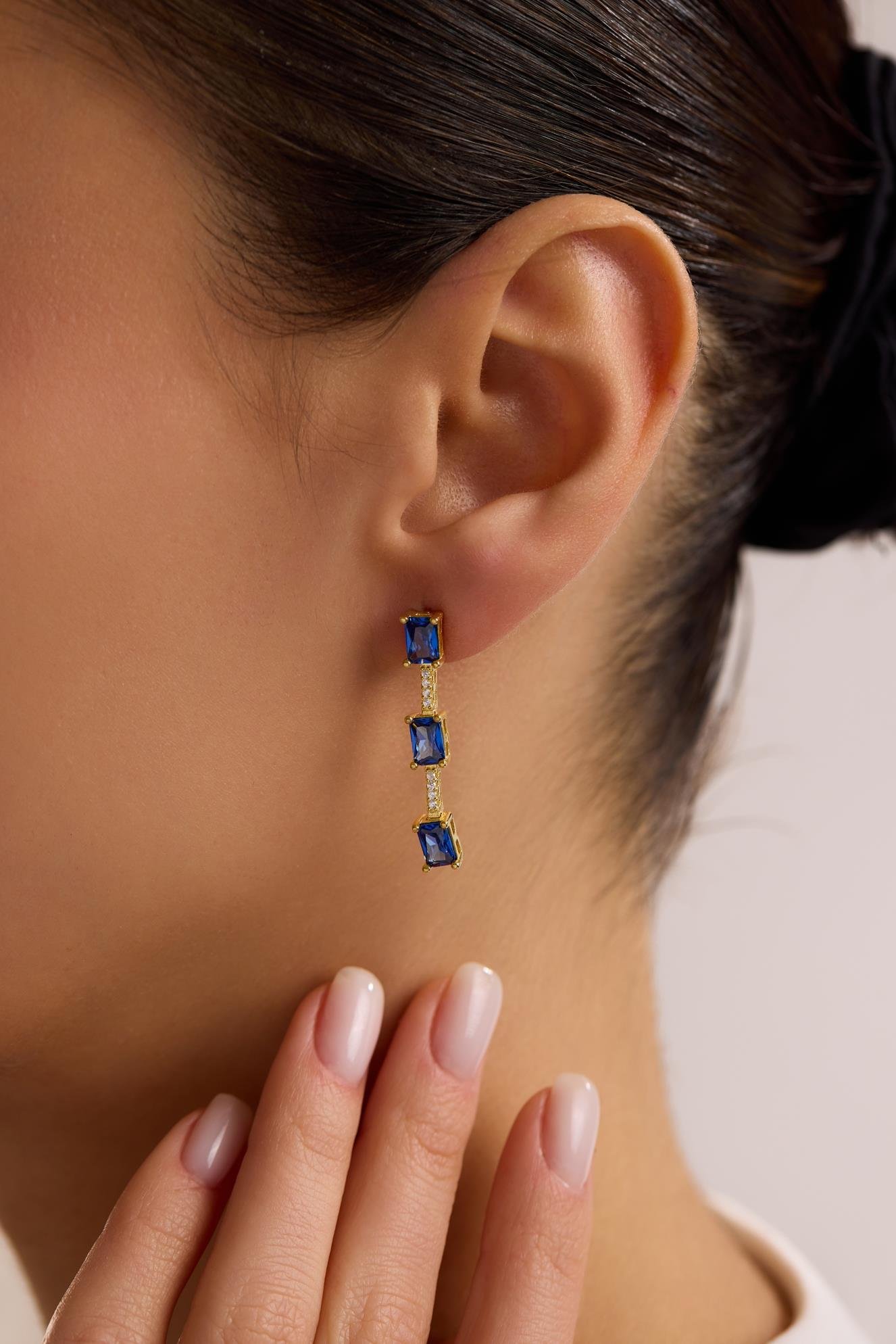 925 Ayar Gümüş Gold Kaplama 3'Lü Mavi Baget Taşlı Sallantılı Küpe