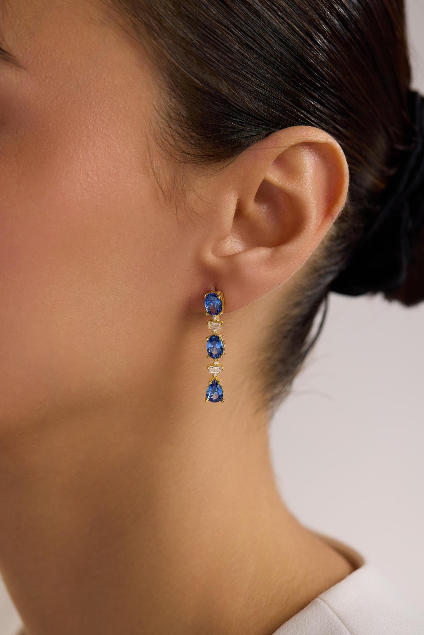 925 Ayar Gümüş Gold Kaplama 3'Lü Mavi Damla Taşlı Sallantılı Küpe