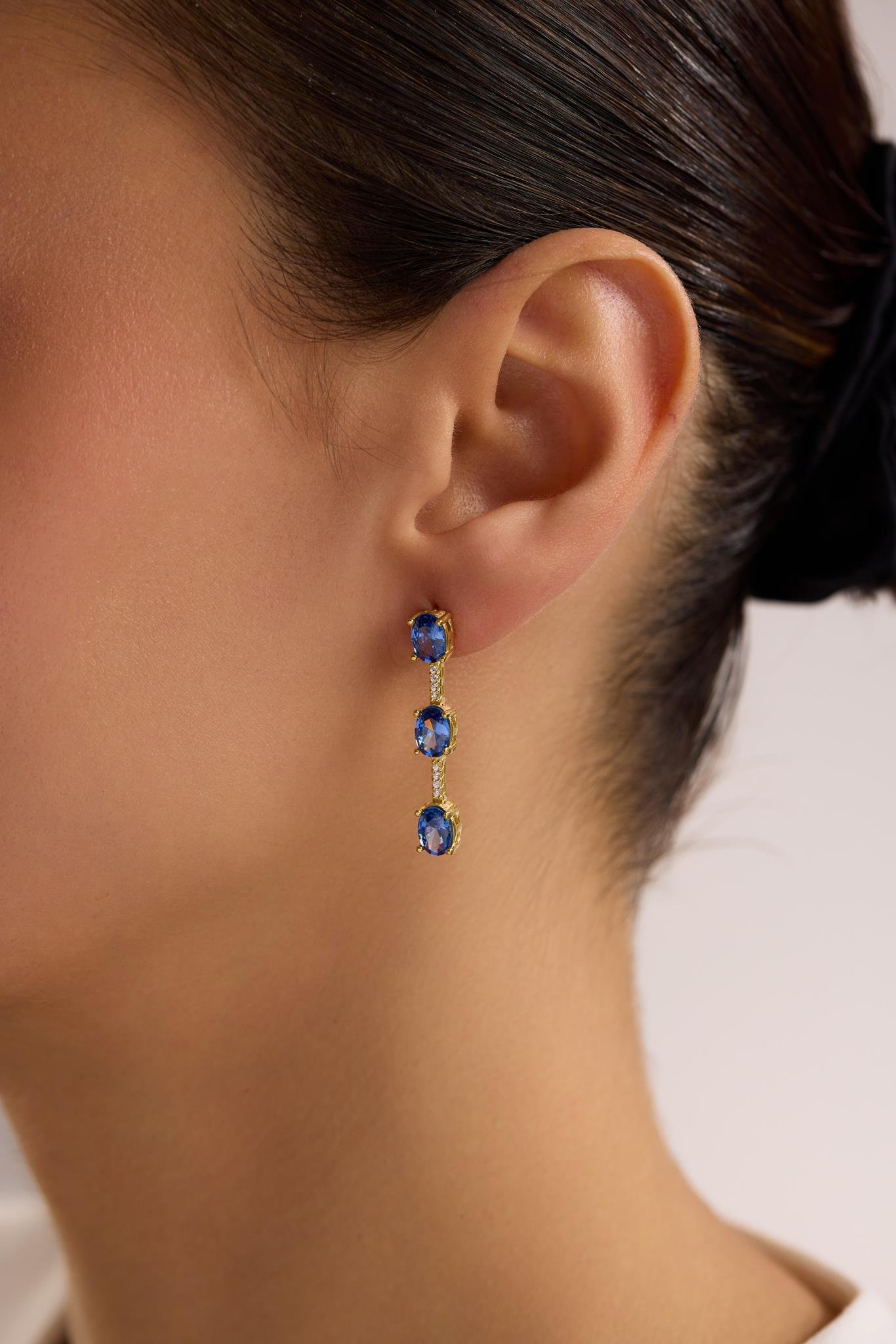 925 Ayar Gümüş Gold Kaplama 3'Lü Mavi Oval Taşlı Sallantılı Küpe