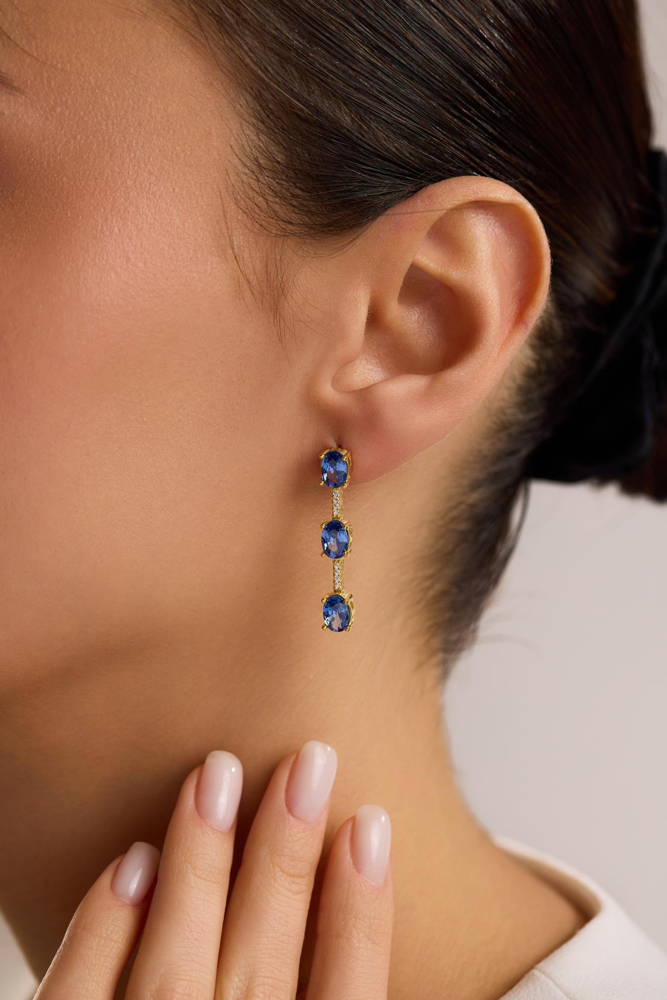 925 Ayar Gümüş Gold Kaplama 3'Lü Mavi Oval Taşlı Sallantılı Küpe