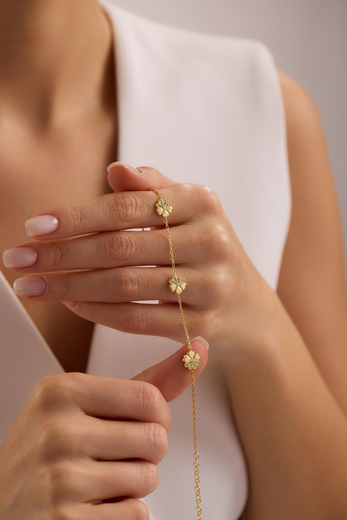 925 Ayar Gümüş Gold Kaplama 3'Lü Minimal Kırçiçeği Bileklik