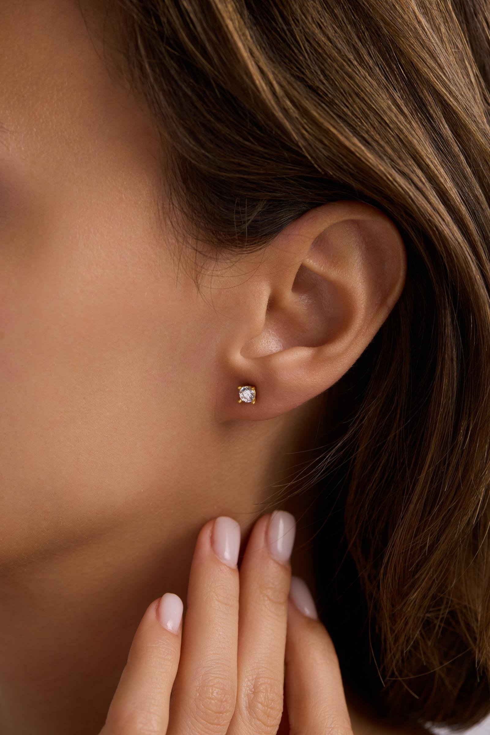 925 Ayar Gümüş Gold Kaplama 4 mm Pırlanta Montür Tektaş Küpe