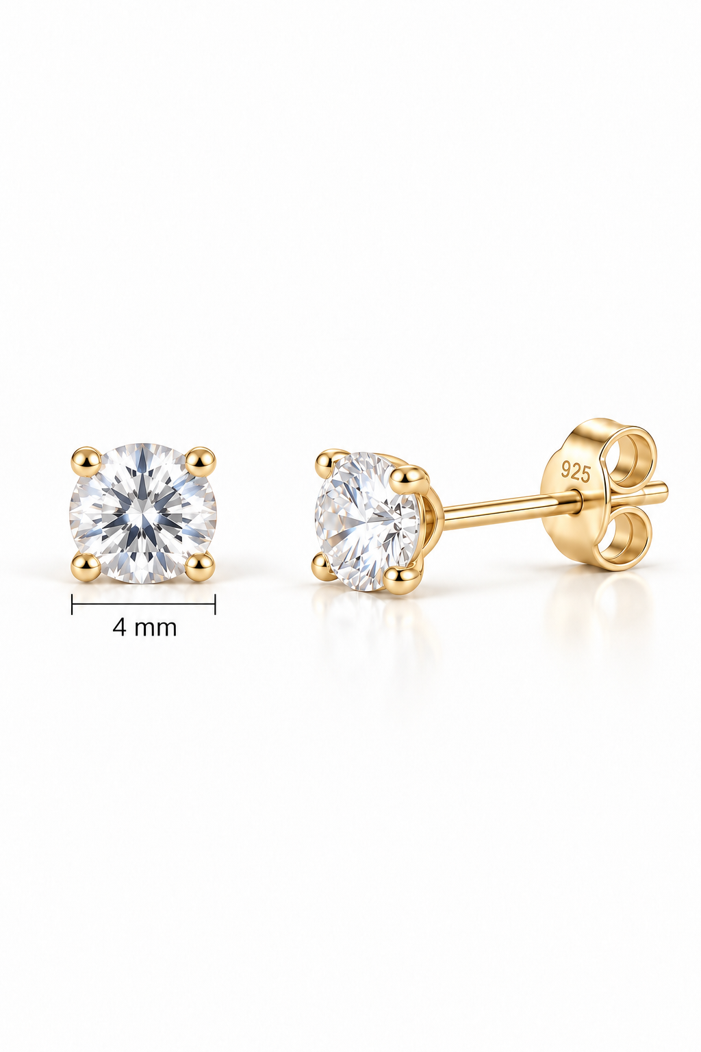 925 Ayar Gümüş Gold Kaplama 4 mm Yuvarlak Star Kesim Minimal Tektaş Küpe