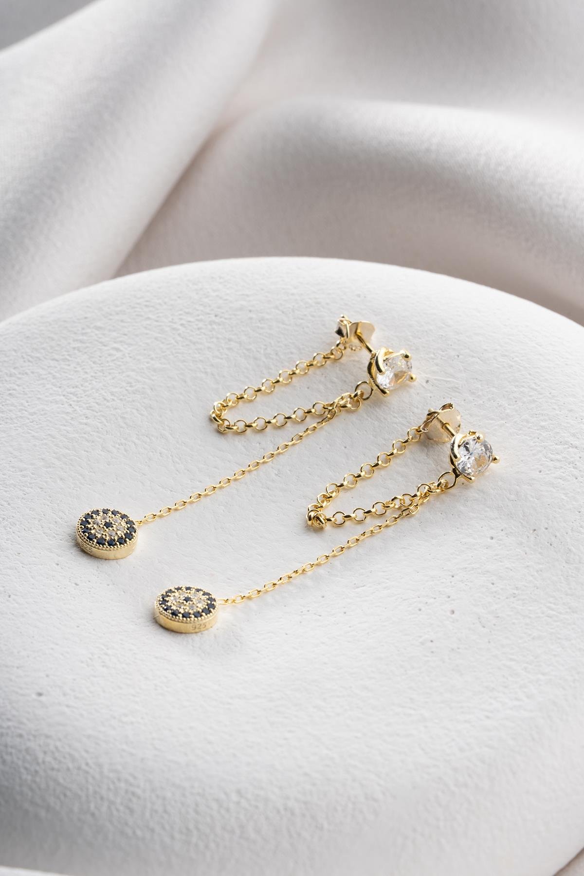 925 Ayar Gümüş Gold Kaplama 5 Mm Tektaş Sallantılı Zincir Nazar Küpe