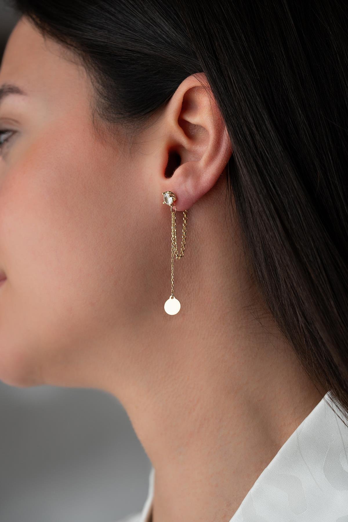 925 Ayar Gümüş Gold Kaplama 5 Mm Tektaş Sallantılı Zincir Sade Yuvarlak Model Küpe