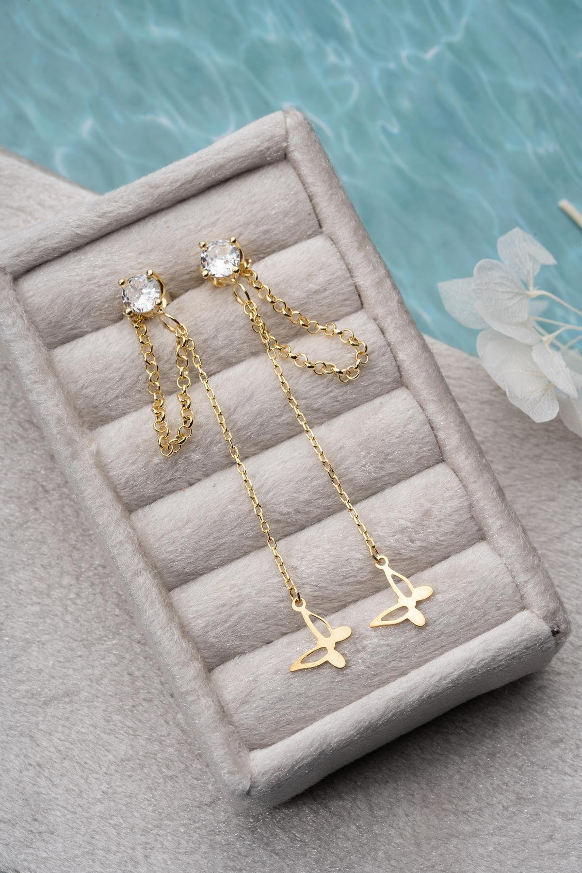 925 Ayar Gümüş Gold Kaplama 5 Mm Tektaş Sallantılı Zincir Sade Kelebek Küpe