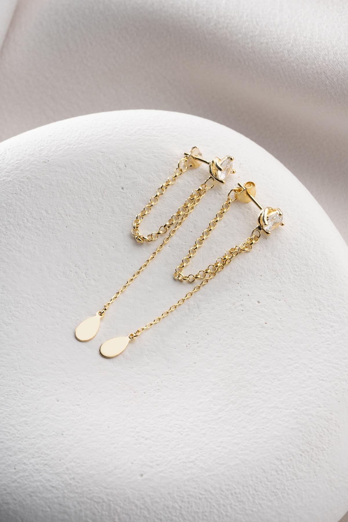 925 Ayar Gümüş Gold Kaplama 5 Mm Tektaş Sallantılı Zincir Sade Damla Model Küpe