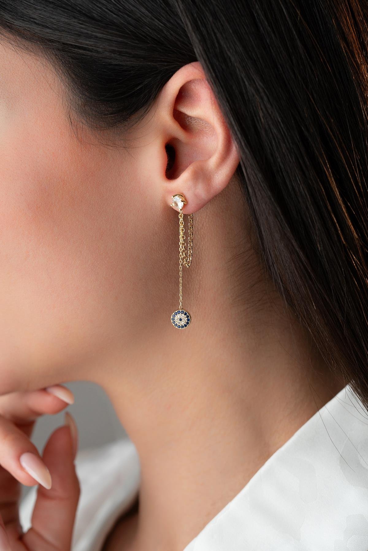 925 Ayar Gümüş Gold Kaplama 5 Mm Tektaş Sallantılı Zincir Nazar Küpe