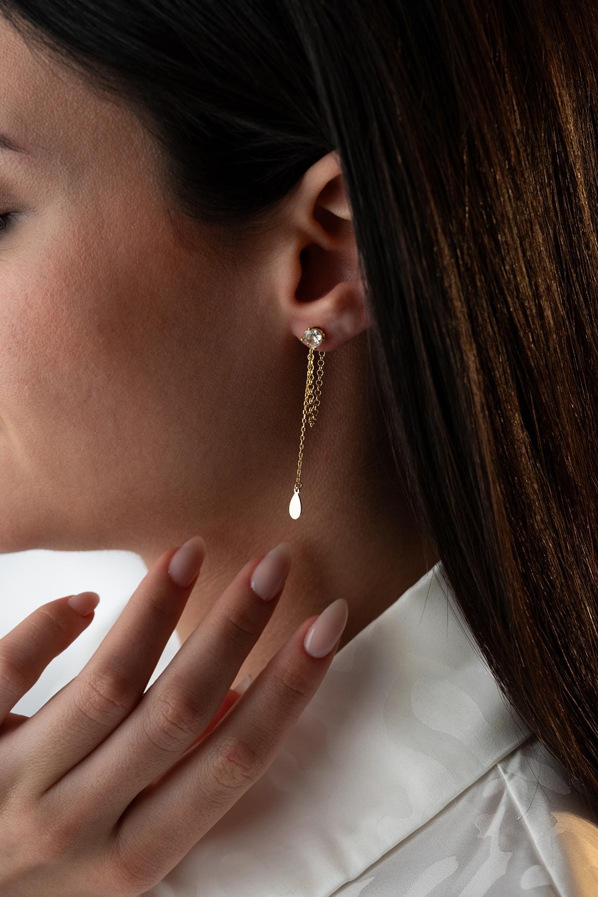 925 Ayar Gümüş Gold Kaplama 5 Mm Tektaş Sallantılı Zincir Sade Damla Model Küpe