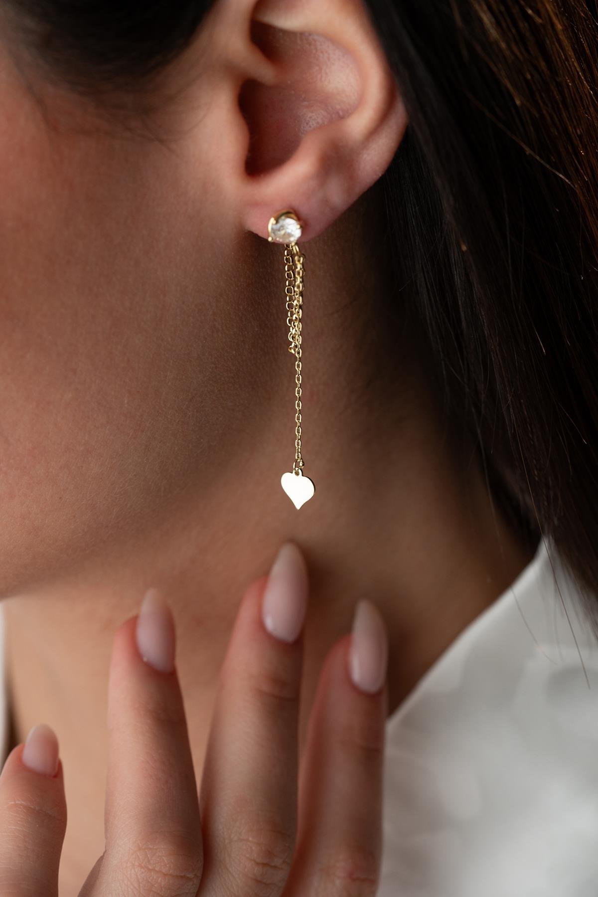 925 Ayar Gümüş Gold Kaplama 5 Mm Tektaş Sallantılı Zincir Sade Kalp Model Küpe