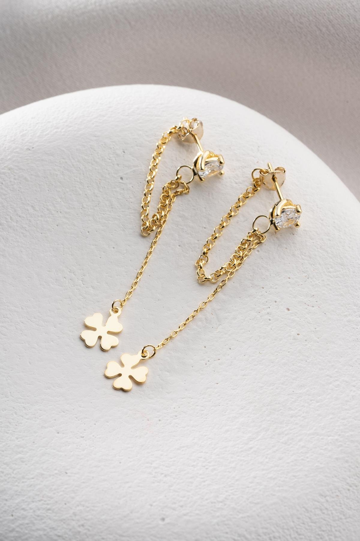 925 Ayar Gümüş Gold Kaplama 5 Mm Tektaş Sallantılı Zincir Dört Yapraklı Yonca Küpe