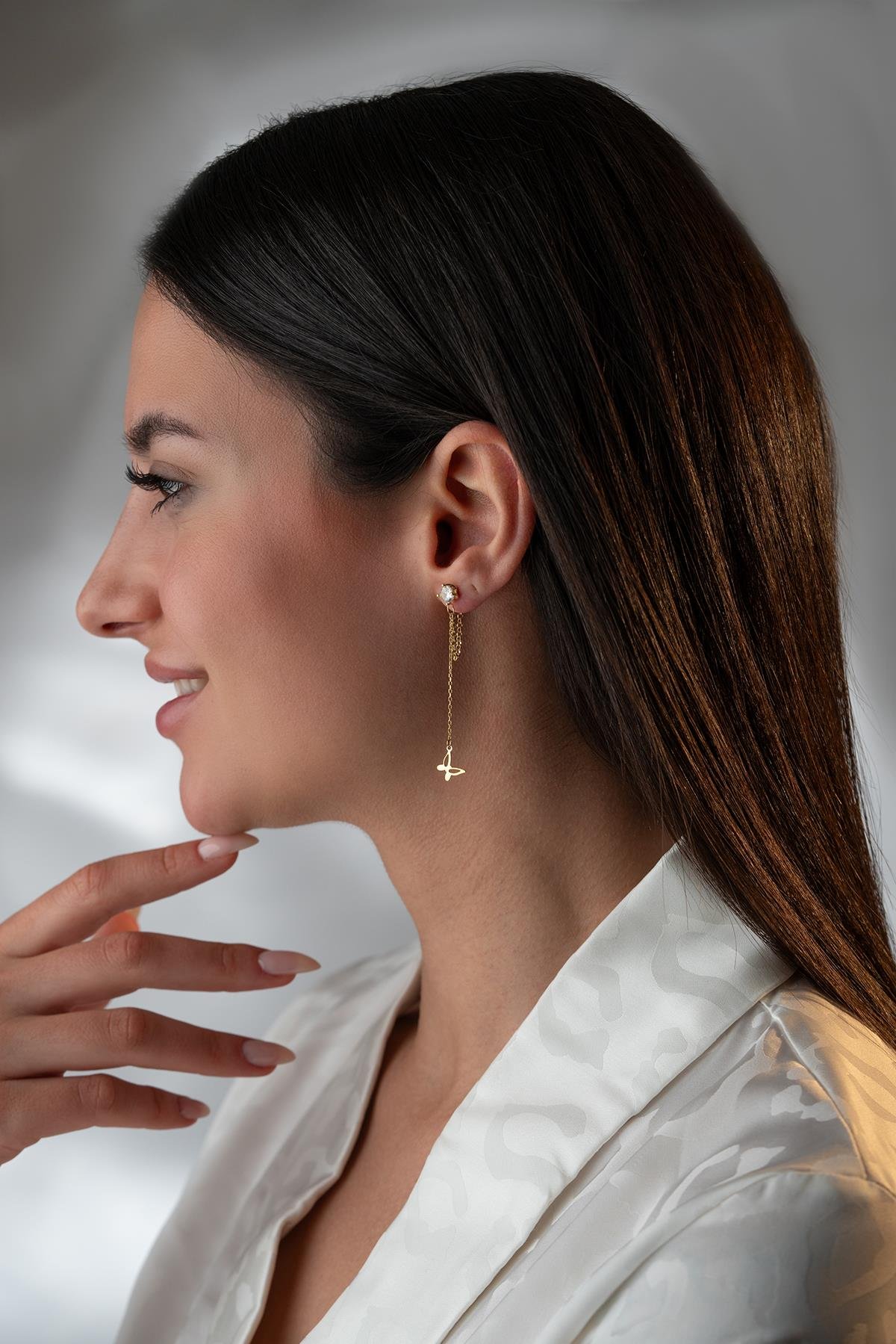 925 Ayar Gümüş Gold Kaplama 5 Mm Tektaş Sallantılı Zincir Sade Kelebek Küpe